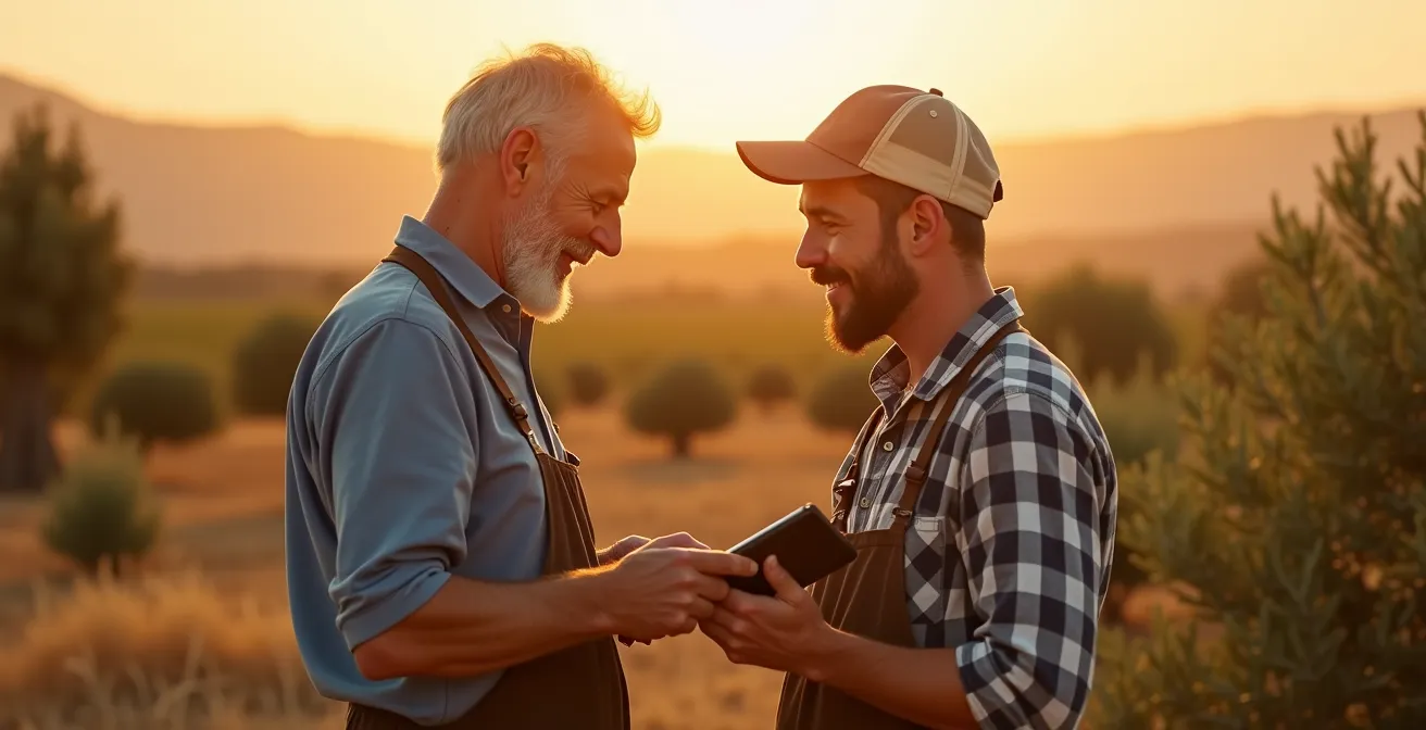 Agricultor mayor y joven trabajando juntos con tablet en campo de cultivo al atardecer